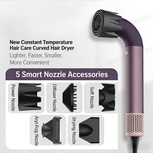 5 in 1 Professional High-Speed Hair Dryer with Curved Tube 30-Second Quick Drying Strong Wind Power for Efficient Styling
