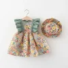 New Summer Girls Little Flying Sleeve Dress Small Floral Hollow Bow After Dew Baby Dress + Hat (0-3 Years Old Girls)