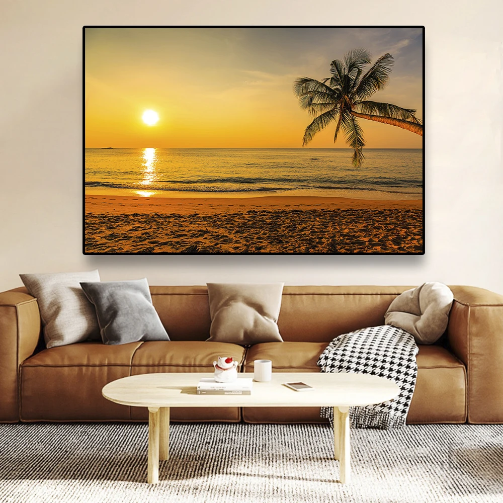 、Beach Landscape Canvas Paintings Sunset Gold Sea Pictures Tropical Palm Tree Wall Art Poster Scenery Home Decor - Image 2