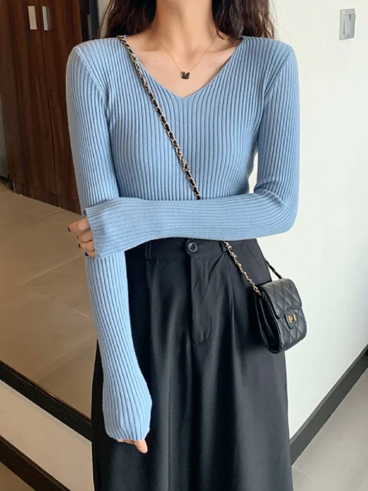 2025 Basic V-neck Solid Autumn Winter Pullover Women Female Knitted Ribbed Sweater Slim Long Sleeve Badycon High Quality Sweater - Image 6
