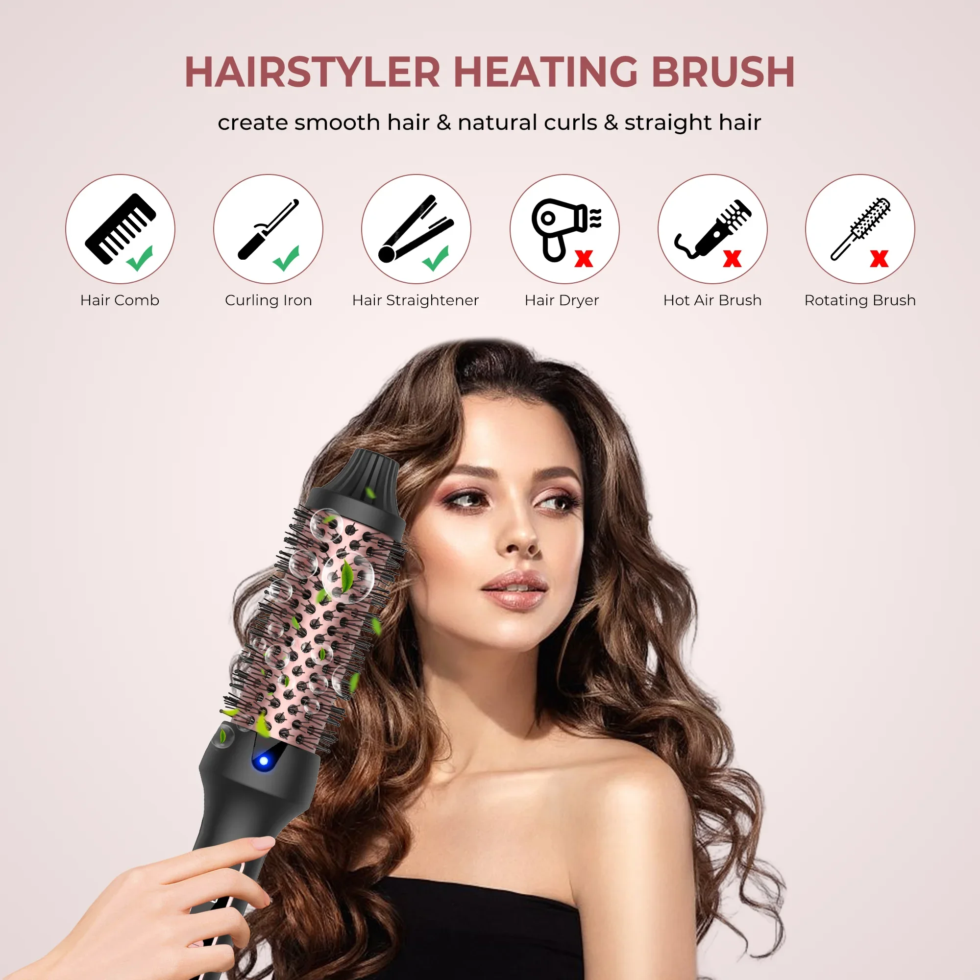 3 in1 Thermal Brush Ionic Heated Round Brush Ionic Hair Curler/Straightener with Anti-Scald Hair Curling Iron Hair Styling Tools - Image 2