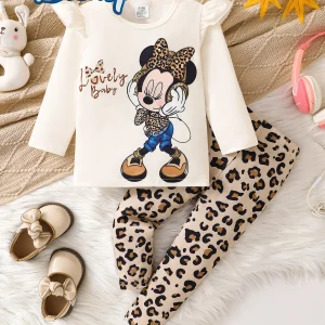 【Officially Licensed】Disney Exclusively Developed Autumn Collection for Baby Girls and Newborns: Mickey Mouse Cute Long-Sleeve Top and Leopard Print Pants Set, Featuring Minnie Mouse Headphones for Listening to Music, Cute Cartoon Pattern, Slightly Stretchy, Suitable for Baby and Newborn Daily Wear, Great Gift Choice