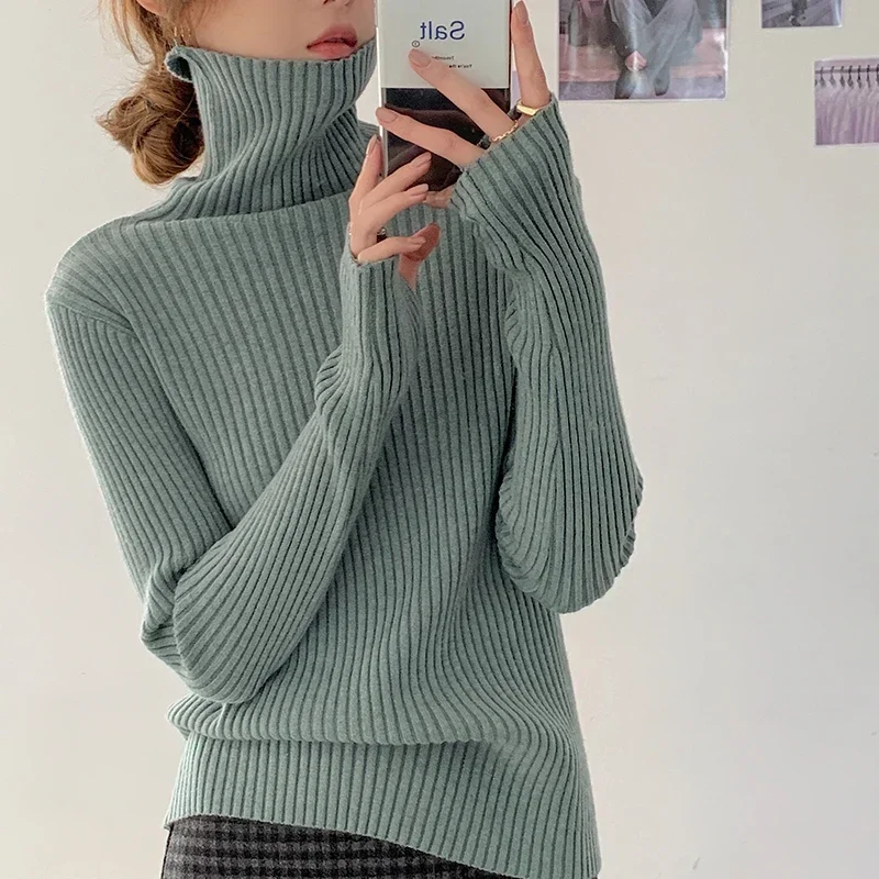 Autumn Winter Warm Thick Women Sweater Pullover Basic Korea Ribbed Sweaters Cotton Tops Knitted Solid Turtleneck with Thumb Hole - Image 6