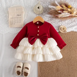 Baby Girl Spring Autumn Dress Red Bow Knit Long Sleeved Princess Dress Girls First Birthday Party Costume