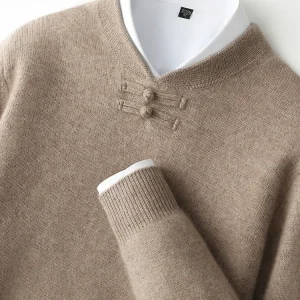 New Men 100% Merino Wool Sweater Long Sleeves Stand-up Collar Pullover Cashmere Soft Disk Buckle Clothing Warm Leisure Men's Top