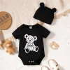2PCS Newborn Baby Boy Romper Little Bear Print Summer Short Sleeve Bodysuit Leisure Time Jumpsuit+Hat for Infant Boy 0-9 Months