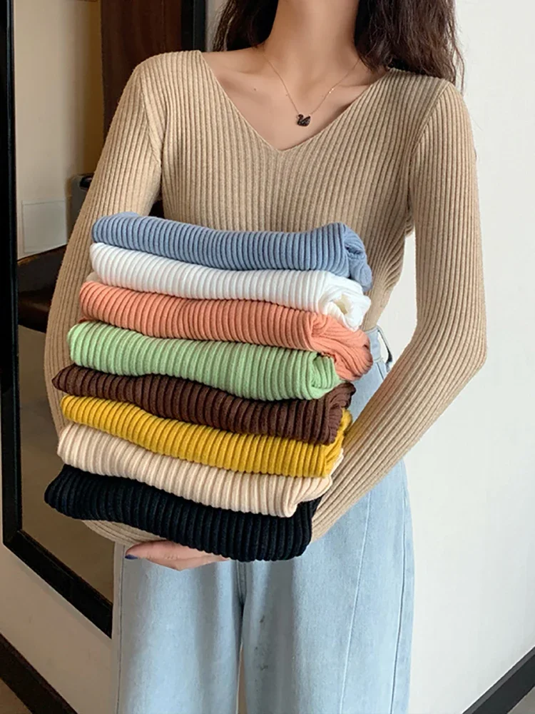 2025 Basic V-neck Solid Autumn Winter Pullover Women Female Knitted Ribbed Sweater Slim Long Sleeve Badycon High Quality Sweater - Image 2