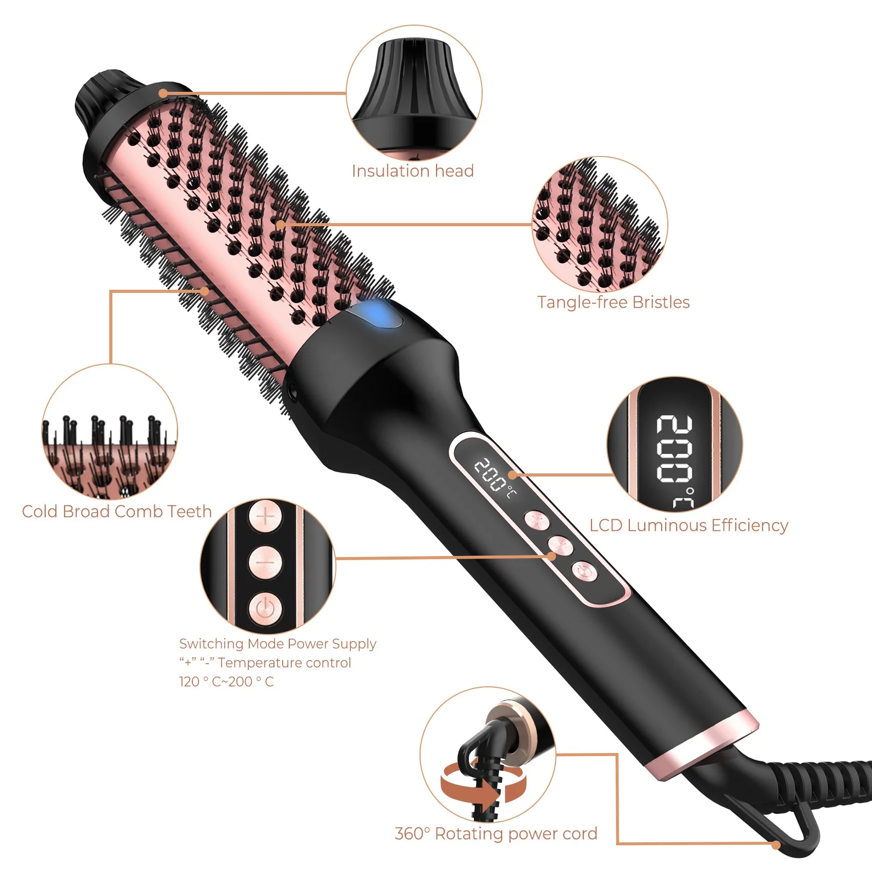 3 in1 Thermal Brush Ionic Heated Round Brush Ionic Hair Curler/Straightener with Anti-Scald Hair Curling Iron Hair Styling Tools - Image 6