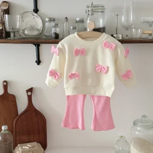 Spring Autumn Baby Clothes Set Outfit Newborn Bowknot Long Sleeved Top + Pink Cute Flared Trousers Infant Fashionable Set