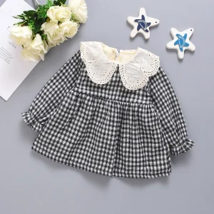New Black Checkered Long Sleeved Baby Girl Dress For Autumn And Winter, White Baby Collar Children'S Clothing For 6-24 Months