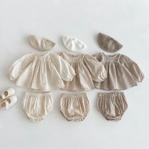 Spring Baby Girls Sets Girls Cotton Plaid Lace Blouse+Bottom Shorts Set for Kids Infant Outfits 0-3T Baby Girl Clothing Outfits