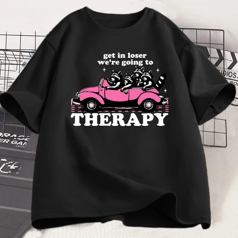 Get in Loser We're Going To Therapy T-shirt for Women Funny Raccoon Graphic T Shirts Shortsleeve Round Neck Clothing - Image 3