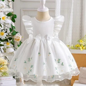 Baby Girl White Tulle Dress: Ruffle Sleeves, Bow & Floral Embroidery | Ramadan Special Outfit, Ideal Baby Girl Birthday Gift