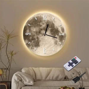 16 Inch Fashions Wall Clock Dining Room Living Moon The Earth Modelling LED Light Silent Movement Bedroom Clock Wall Decoration