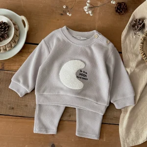 Autumn Fashion Casual Outfit Moon Towel Embroidery Long Sleeves Top+ Solid Color Pants Korean Style Newborn Baby Boys Girls