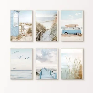 Nature Beach Sea Waves Coastal Pampass Grass Reed Sky Bus Photography Nordic Poster Canvas Printing Wall Home Decor