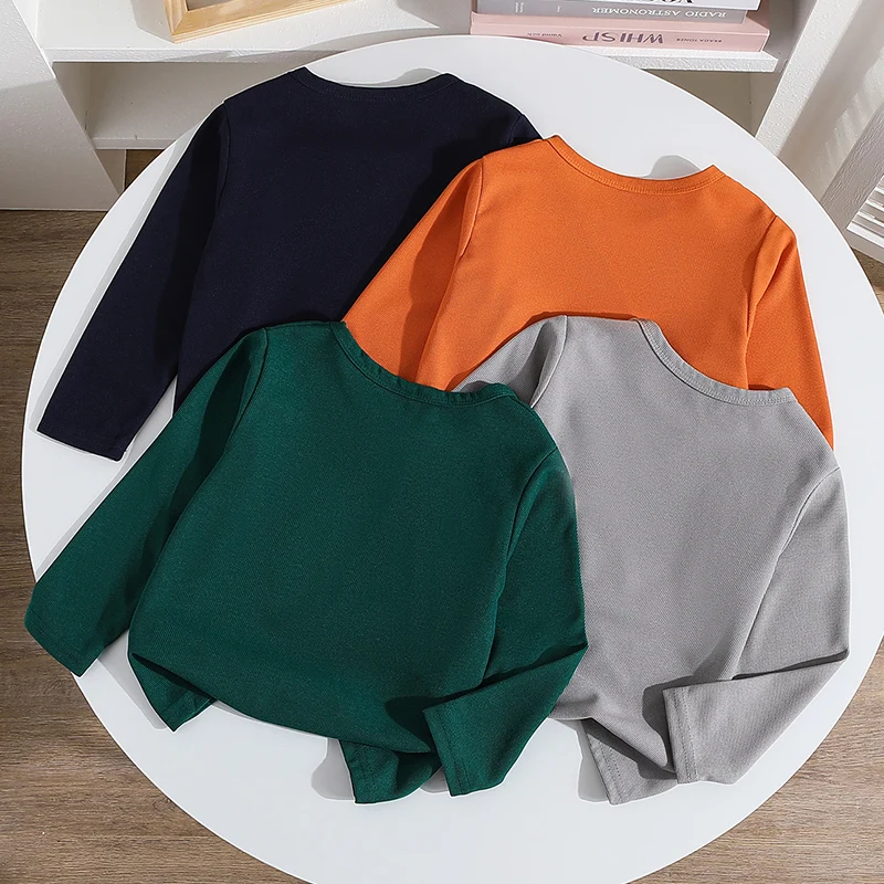 1/4 Piece Summer Autumn New Children's Solid Color Simple Waffle Grid Long Sleeved T-shirt Boys And Girls Fashionable Casual Top - Image 2