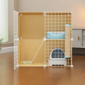 Cat Cage, Cat Villa, Yellow Cage, Natural Wood Color Pet Cage, Free Assembly, Multi-Cat, Space-Saving, Three-Layer Iron Mesh Cage, Household Cat Cabinet