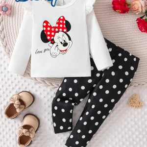 【Officially Licensed】Disney Specially Developed Autumn Collection for Baby Girls and Newborns - Mickey Mouse Cute Long-Sleeve and Long-Pants Set, Featuring Minnie Mouse Heart-Shaped Cute Cartoon Pattern, Slightly Stretchy, Suitable for Baby and Newborn Daily Wear, Great Gift Choice