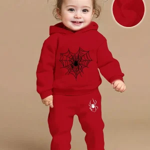 Newborn Cute Spider Print Fleece Sweatshirt + Sport Casual Pants Set Autumn Winter Gift Suitable for Outdoor