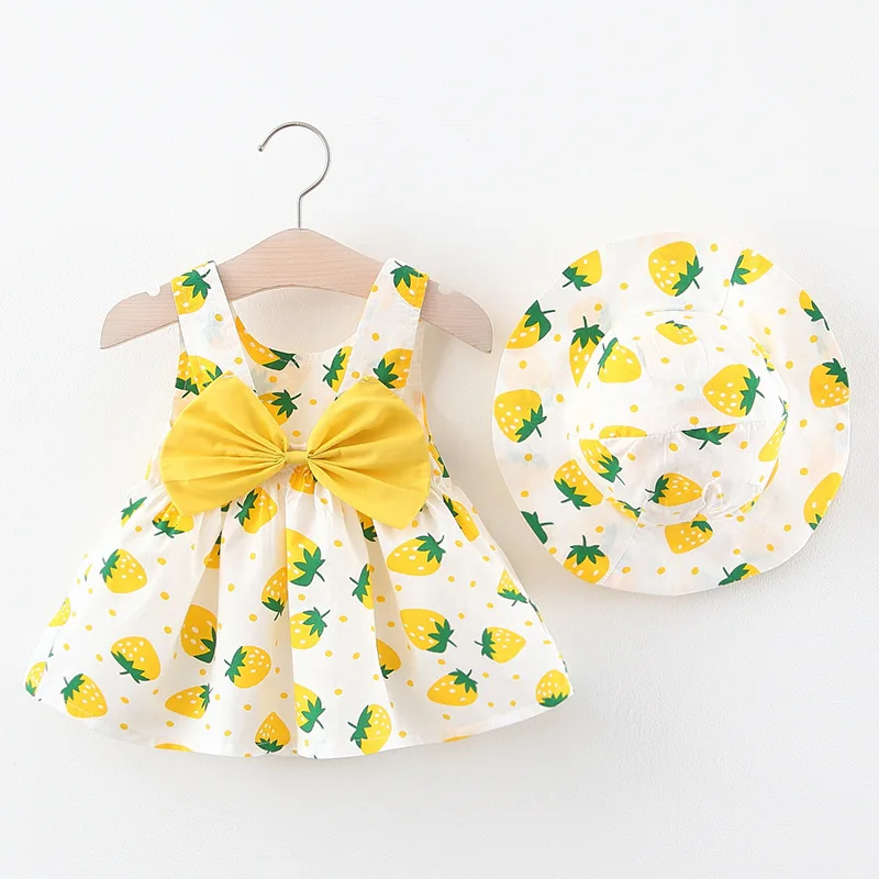 0-4 Y baby Vestidos summer seaside vacation children's dress floral sleeveless bow girl princess dress+hat Clothes - Image 2