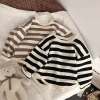 Spring Autumn Fashion Striped Children Long Sleeved T Shirt Loose Casual Kids Base Shirt Baby Boys Pocket Blouse Crewneck