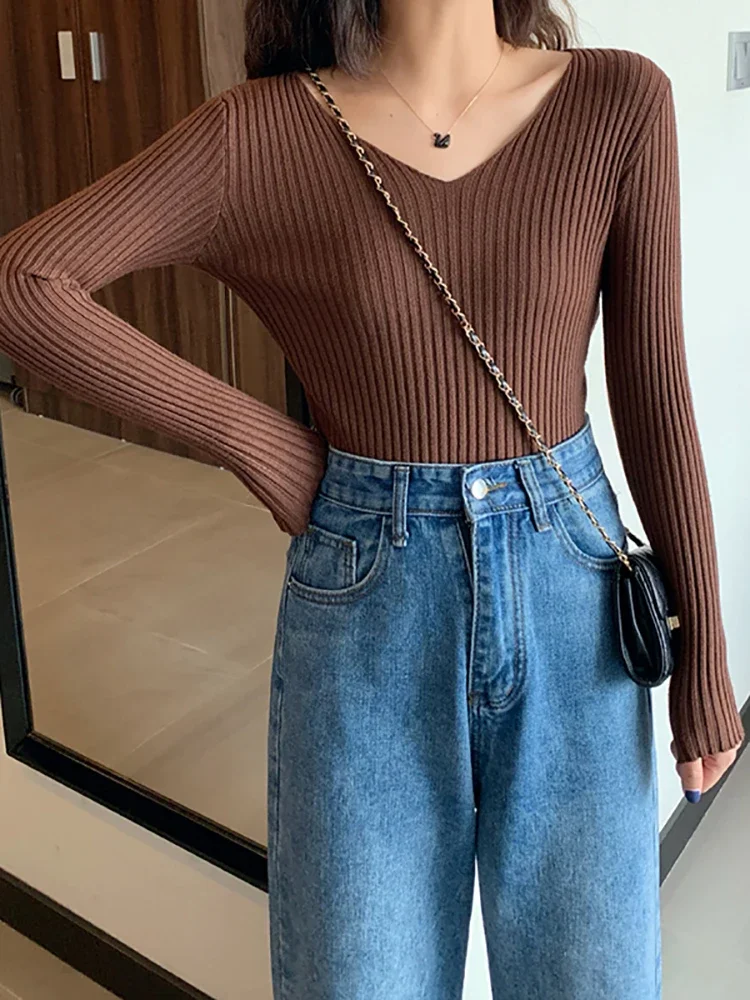 2025 Basic V-neck Solid Autumn Winter Pullover Women Female Knitted Ribbed Sweater Slim Long Sleeve Badycon High Quality Sweater - Image 5