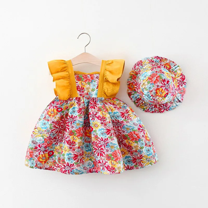 New Summer Girls Little Flying Sleeve Dress Small Floral Hollow Bow After Dew Baby Dress + Hat (0-3 Years Old Girls) - Image 2