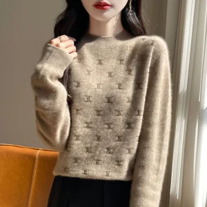 Women Fine Wool Thickening Sweater Half-high Collar Leaf studded With Diamonds Pullover Female Knitted Basis Tops Autumn Winter