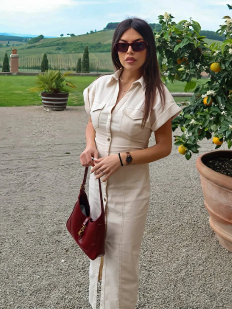 HXAO Denim Women's Dress Button Off White Short Sleeve Midi Dresses Summer New Denim Long Dresses Office Elegant Female Clothing - Image 3