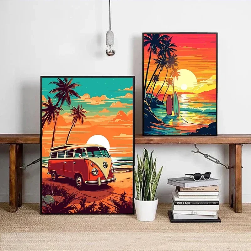 Retro Vintage Nature Bus on The Beach Posters Prints Travel Surf Board Sea Sunset Surfboard Canvas Painting Wall Art Home Decor - Image 2