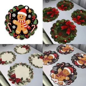 {MX} 4Pcs Cartoon Christmas Circular Waves Placemat Absorbent Coaster Non Slip Heat Resistant Table Mat Christmas Party Decor