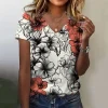 T-shirt Summer Women Clothing Fashion V-neck Short Sleeve Floral Print Top Casual Loose Clothing Dating Elegant Women T-shirt