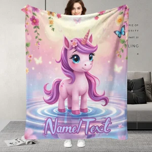 Customizable unicorn throw blanket with name, perfect for naps, camping and travel, makes a great holiday gift, flannel fabric