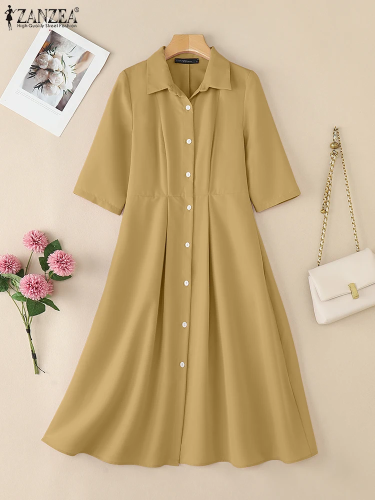 ZANZEA Woman Elegant Midi Dresses Womens Fashion 3/4 Sleeve Button Up Collared Shirtdress Autumn Commuting OL A-line Robes Femme - Image 2