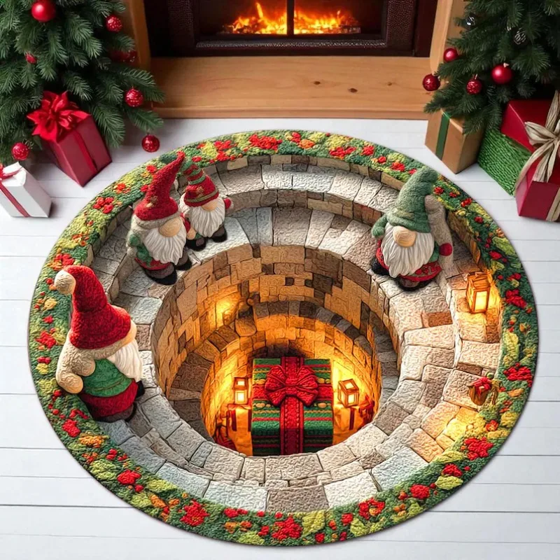Christmas Gnome 3D Illusion Rug Festive Geometric Round Carpet Cute Nordic Gnome Floor Mat Christmas Gift Home Decor - Image 3