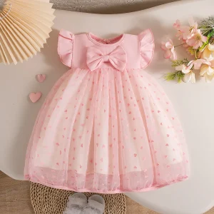 Baby Girl Dress Summer Bow And Love Pattern Knit Short Sleeve Puffy Baby Dresses Cute Casual Girl Kid's Dress