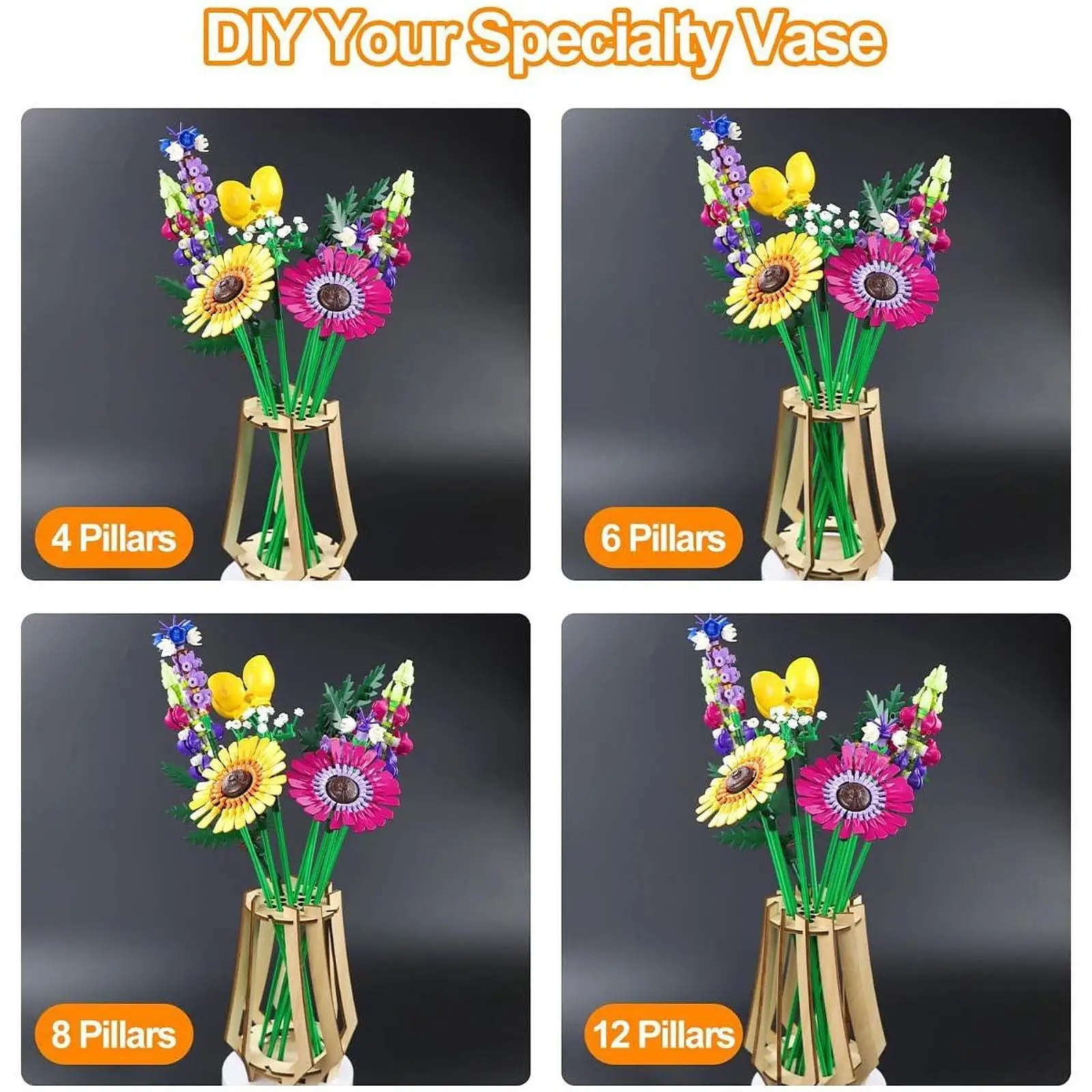 Flower Building Set Floral Container Gift Decorative Crafts Unique Home Decor Wooden Puzzle Flower Vase 3D Puzzle Flower Vase