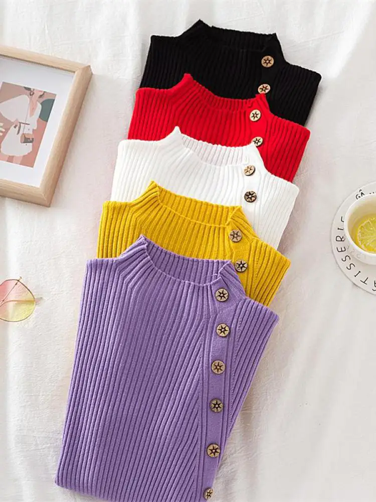 2025 Women Sweater Pullovers Khaki Casual Autumn Winter Button Turtlneck Chic Sweater Female Slim Knit Top Soft Jumper Tops - Image 3