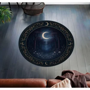 Moon Forest Rug - Round Crescent Moon Rug with Mystical Forest Design Celestial Rug for Dreamers and Gothic Inspired Home Decor