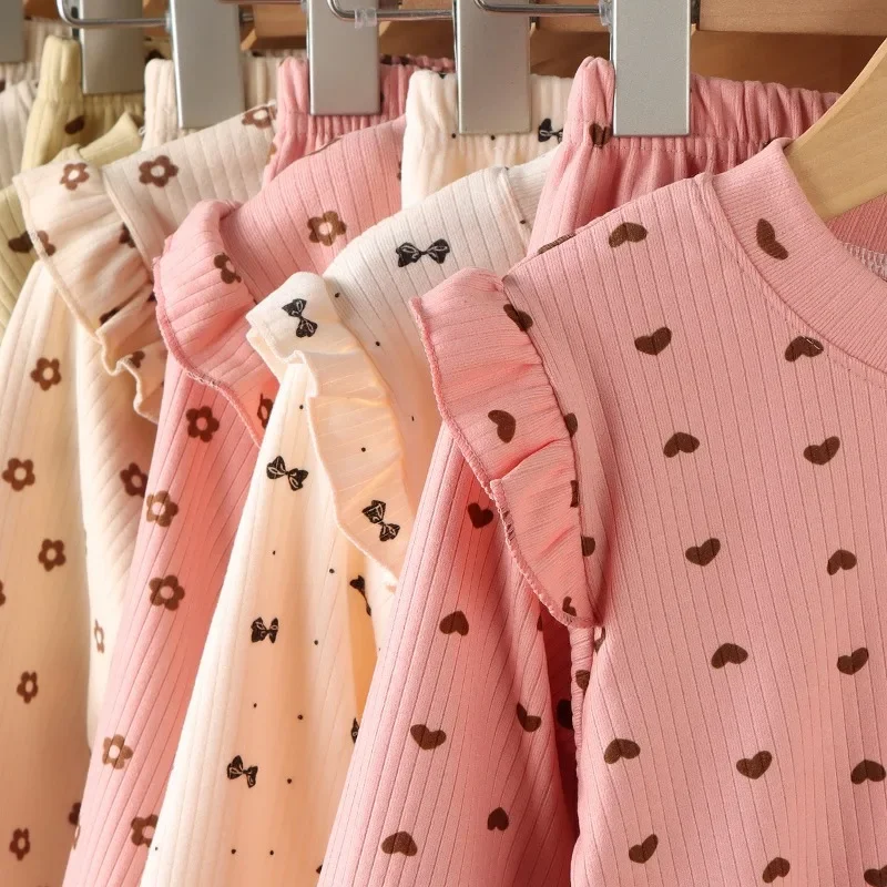 2024 Spring Girl Children Ruffle Collar Floral Print Tshirt Boy Baby Solid Ribbed Bottoming Shirt Kid Casual Cotton Tees Clothes - Image 4