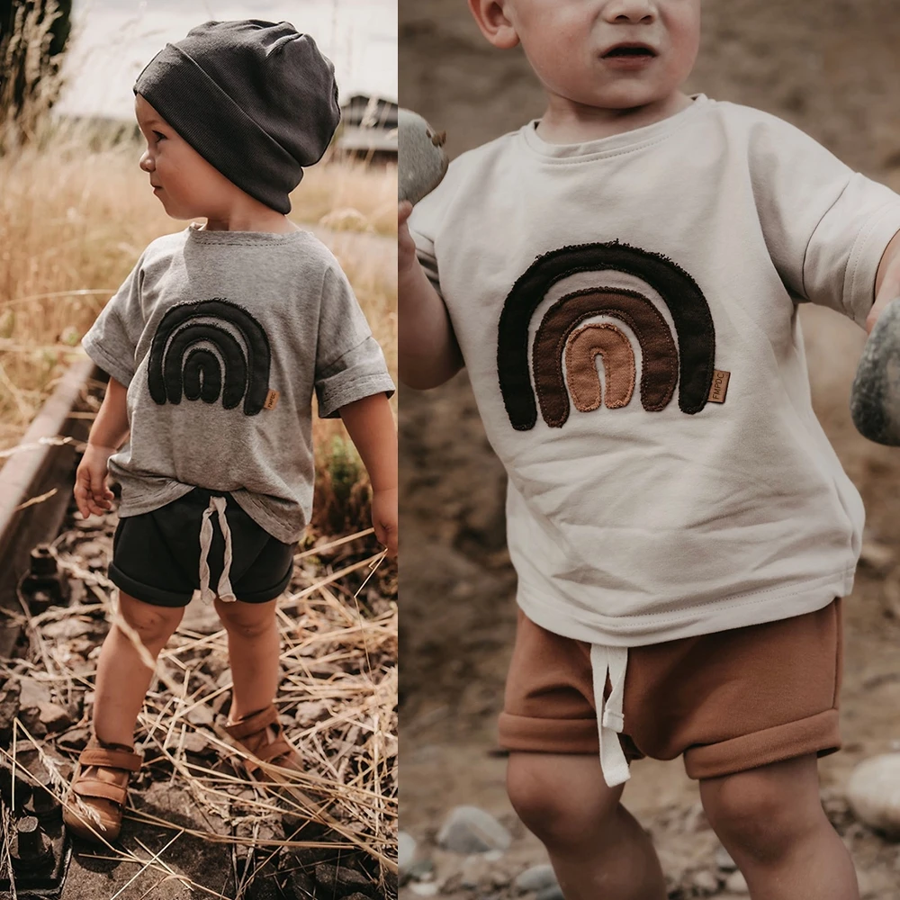 2024 Korean New Cute Children's T-shirt Rainbow Sticker Print Newborn T-shirt Summer Top Boys and Girls Round Neck Baby Clothing - Image 3