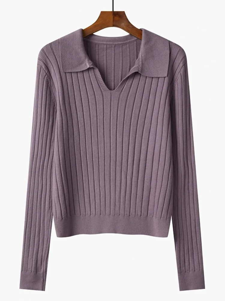 Autumn Winter Long Sleeve Knitted Sweater Women POLO Collar Pullover Female V-neck Elastic Skinny Knit Base Layer Tops Jumpers