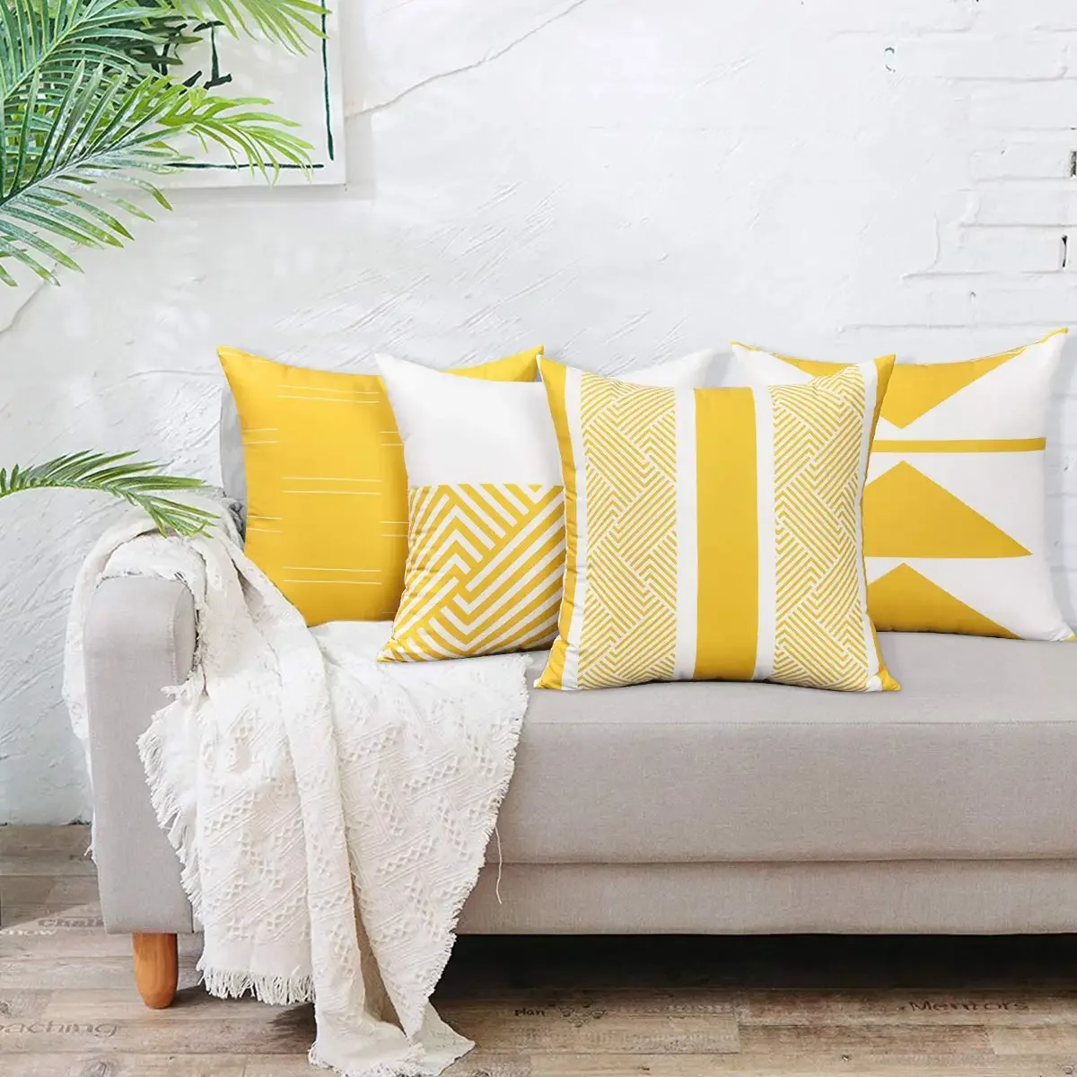 Yellow white geometric short plush pillowcase sofa cushion cover home decoration can be customized for you 40x40 45x45 50x50 - Image 2