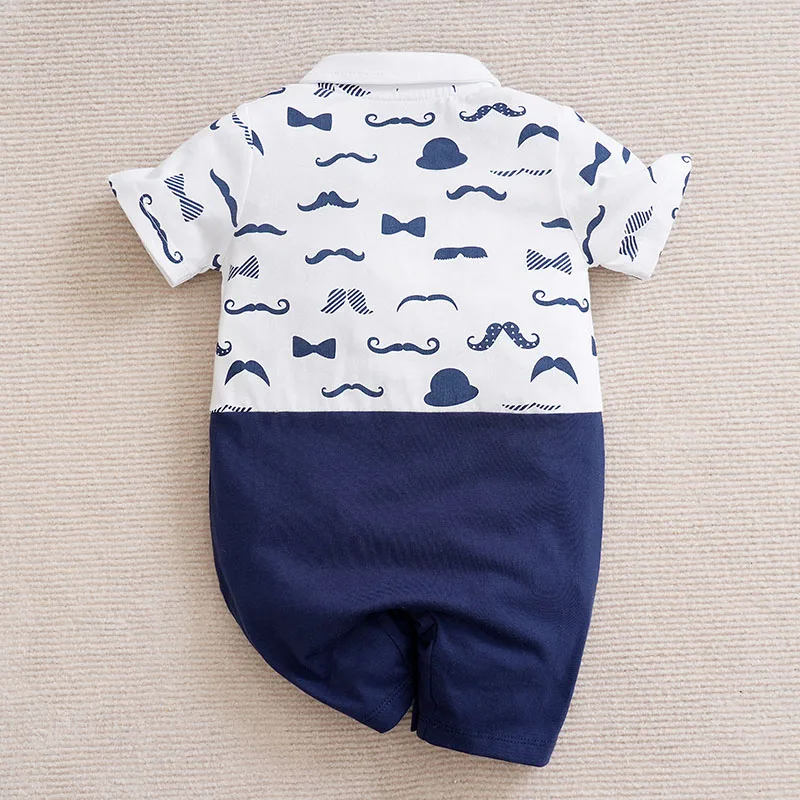 Newborn Baby Boy gentleman's bow tie printing fashion romper Summer white Beard print cotton short sleeve clothing 0-18 months - Image 2