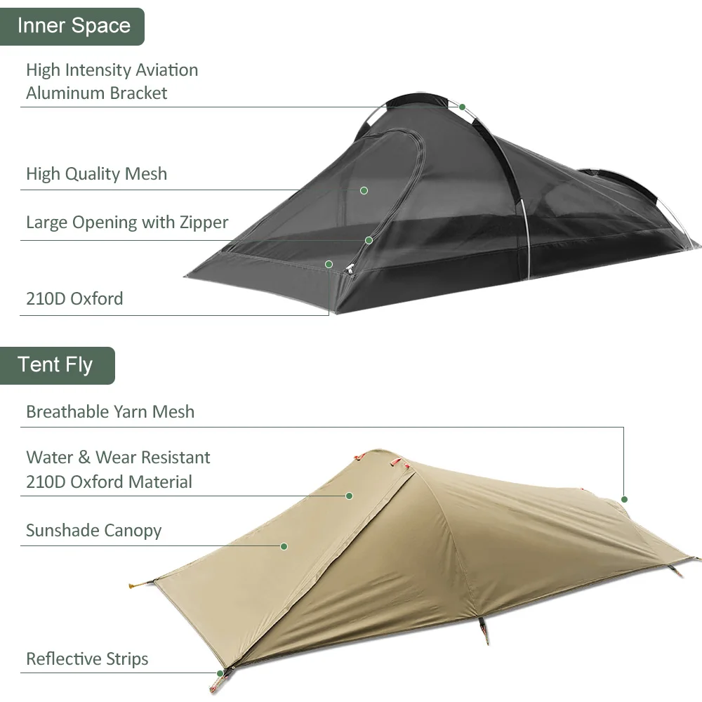 Outdoor Camping Tent Single Person Camping Tent Water Resistant Tent Aviation Aluminum Support Portable Sleeping Bag Tent - Image 5