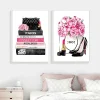 Fashion Magazine Wall Art Prints High Heels and Lipstick Modern Picture Poster Pink Flower Canvas Painting Girls Room Home Decor