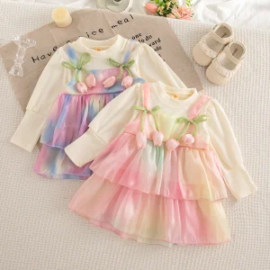 Spring Autumn Toddler Girl Princess Dress Sweet Bow Colorful Gradient Yarn Long Sleeved Dress for Girls Photoshoots Wear