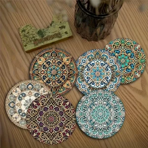 2D Retro Moroccan Mandala Design Wooden Coasters Set 4in Hot Coffee Cups Kitchen Dining Room Party Decorative Table Accessories