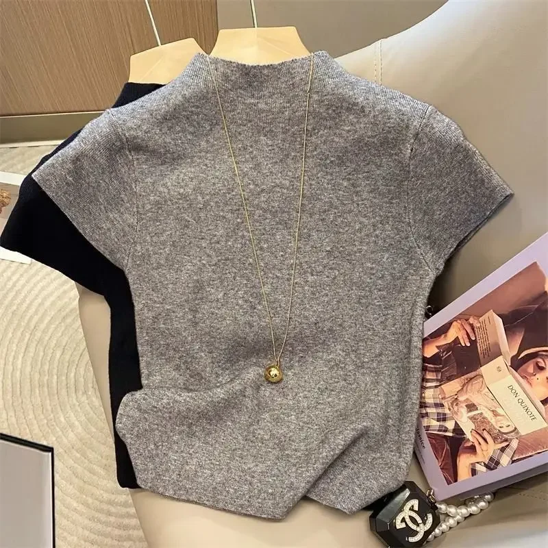 Basic Turtleneck Solid Thin Summer 2026 Pullover Women Female Knitted Sweater Slim Short Sleeve Bodycon Sweater - Image 2